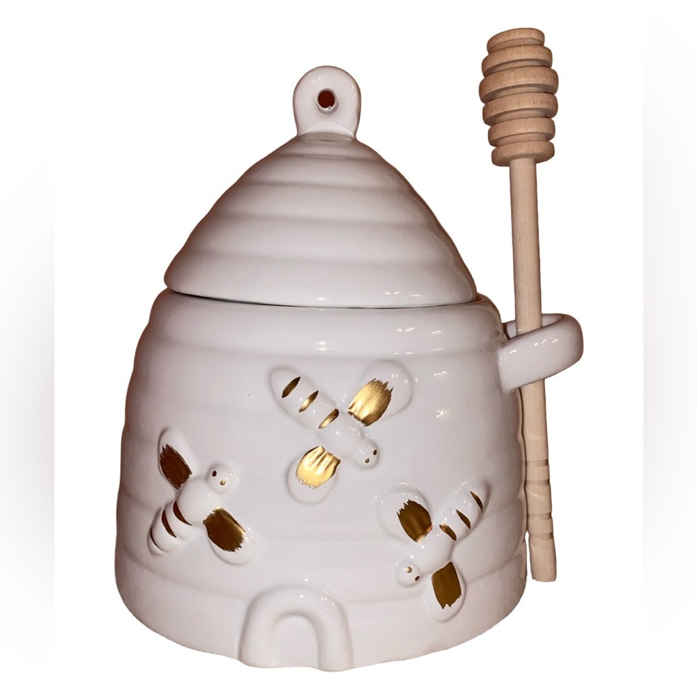 HONEY POT WITH LID Ceramic Hive Shaped with Wooden Honey Dipper NWOT Cream & GLD